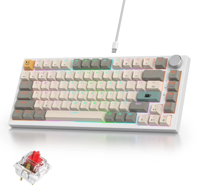 Main image of iRoboosta 75% Mechanical Keyboard With Volume Knob, Gasket Hot Swappable RGB Gaming, Wired Custom With Red Switch, 82 Keys Compact Creamy (82 Beige Grey)