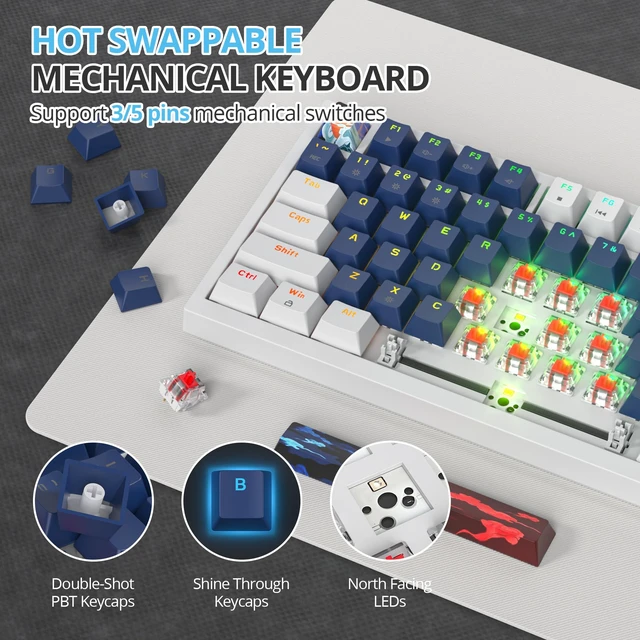 Alt view image 4 of 6 - SbocKeeb 75 Percent Keyboard Gasket-Mounted with Sound Absorbing Pads, 82-Key Compact Wired RGB Mechanical Gaming Keyboard Hot-Swap Socket for Win, Blue Earth