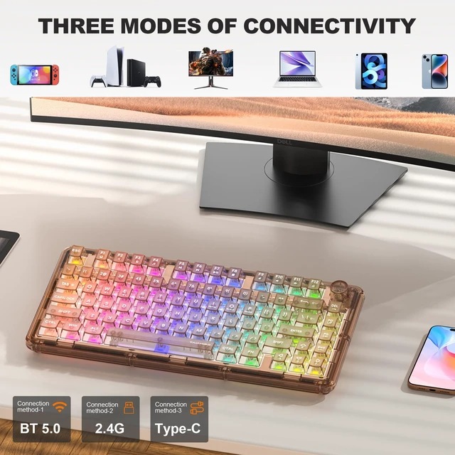 Alt view image 4 of 7 - Taiahiro Clear Wireless Mechanical Keyboard with Knob (Brown, 4000mAh) | BT5.0/USB-C/2.4GHz,80-Key RGB Backlit,Hot Swap Customizable Clear Acrylic Design,Clear Keyboard with RGB for Wins/Mac/Gaming