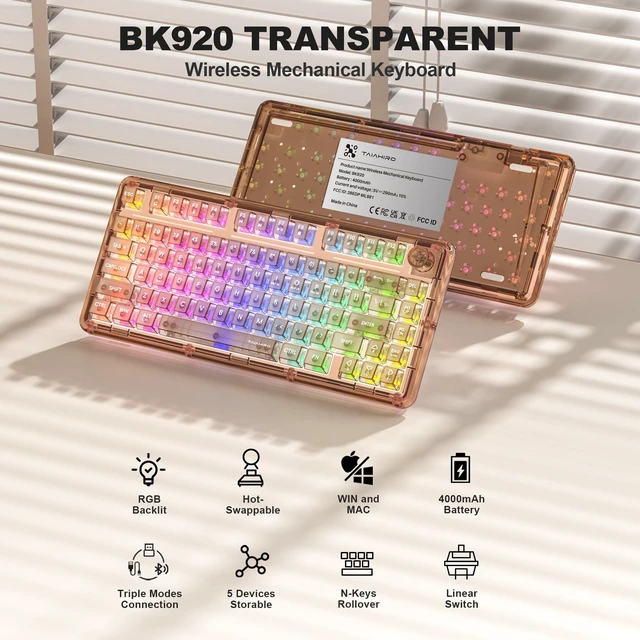 Alt view image 2 of 7 - Taiahiro Clear Wireless Mechanical Keyboard with Knob (Brown, 4000mAh) | BT5.0/USB-C/2.4GHz,80-Key RGB Backlit,Hot Swap Customizable Clear Acrylic Design,Clear Keyboard with RGB for Wins/Mac/Gaming