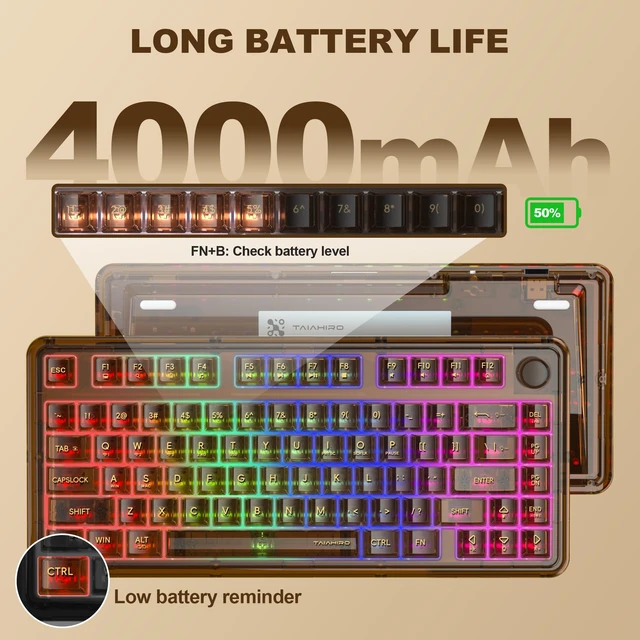 Alt view image 6 of 7 - Taiahiro Clear Wireless Mechanical Keyboard with Knob (Brown, 4000mAh) | BT5.0/USB-C/2.4GHz,80-Key RGB Backlit,Hot Swap Customizable Clear Acrylic Design,Clear Keyboard with RGB for Wins/Mac/Gaming