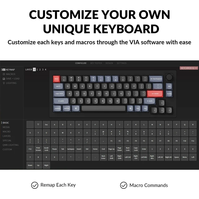 Alt view image 3 of 7 - Keychron V2 Wired Custom Mechanical Keyboard Knob Version, 65% Layout QMK/VIA Programmable with Hot-swappable K Pro Blue Switch Compatible with Mac Windows Linux Carbon Black(Non-Transparent)