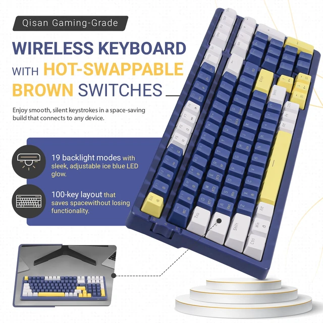 Alt view image 2 of 6 - Qisan Wireless/Wired Mechanical Gaming Keyboard, Triple Mode 2.4G/USB-C/BT (98%) Wireless Mechanical Keyboard with US Layout | Brown Switch Rechargeable RGB Backlit Keyboards for Gaming, Blue & White