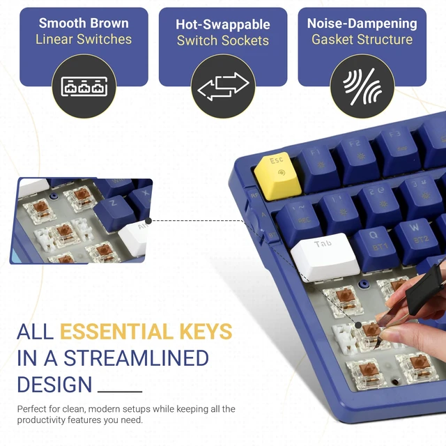 Alt view image 3 of 6 - Qisan Wireless/Wired Mechanical Gaming Keyboard, Triple Mode 2.4G/USB-C/BT (98%) Wireless Mechanical Keyboard with US Layout | Brown Switch Rechargeable RGB Backlit Keyboards for Gaming, Blue & White