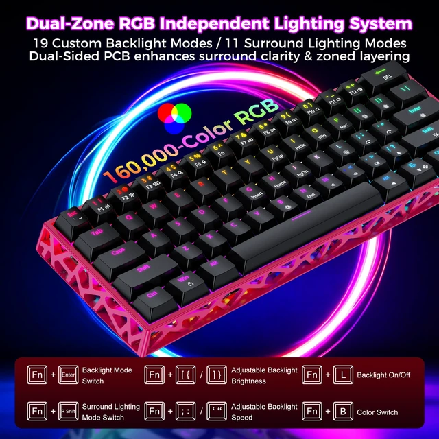 Alt view image 3 of 7 - Mechanical Gaming Keyboard Hot Swappable: 60% Mini Wired RGB Backlit NKRO | GK08 61 keys Hollow-Out Case Thocky Sound Portable Keyboard Custom Driver, USB-C Pre-lubed Linear Switches for Laptop/PC/Mac