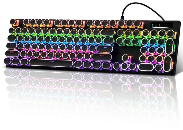 Main image of Guiheng Wired Typewriter Style Mechanical Gaming Keyboard, Black Retro Punk Gaming Keyboard with RGB Backlit, 104 Keys Blue Switch Wired Cute Keyboards, Round Keycaps for Windows/Mac/PC