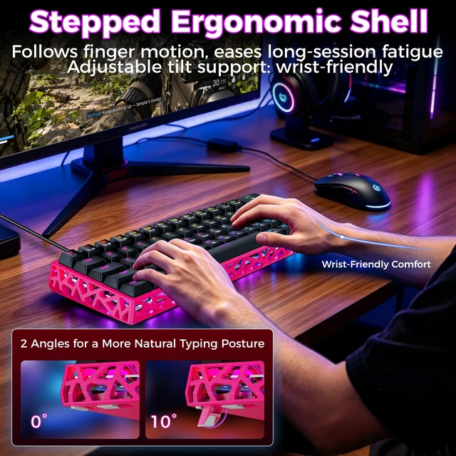 Alt view image 5 of 7 - Mechanical Gaming Keyboard Hot Swappable: 60% Mini Wired RGB Backlit NKRO | GK08 61 keys Hollow-Out Case Thocky Sound Portable Keyboard Custom Driver, USB-C Pre-lubed Linear Switches for Laptop/PC/Mac