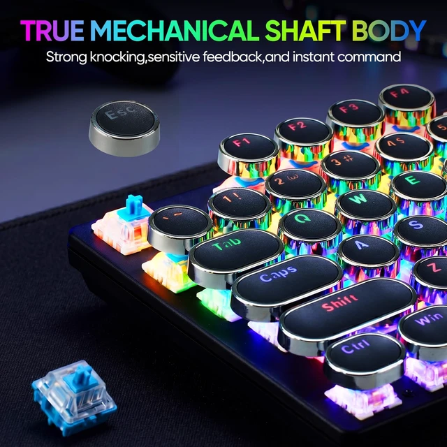 Alt view image 3 of 7 - Guiheng Wired Typewriter Style Mechanical Gaming Keyboard, Black Retro Punk Gaming Keyboard with RGB Backlit, 104 Keys Blue Switch Wired Cute Keyboards, Round Keycaps for Windows/Mac/PC
