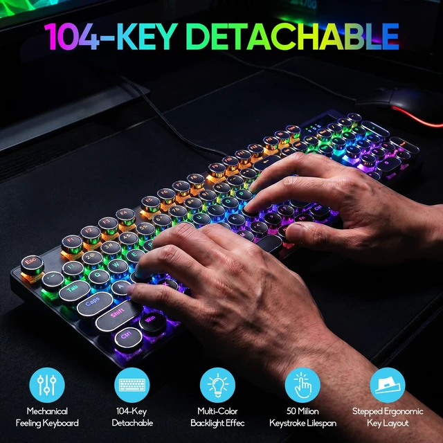 Alt view image 7 of 7 - Guiheng Wired Typewriter Style Mechanical Gaming Keyboard, Black Retro Punk Gaming Keyboard with RGB Backlit, 104 Keys Blue Switch Wired Cute Keyboards, Round Keycaps for Windows/Mac/PC