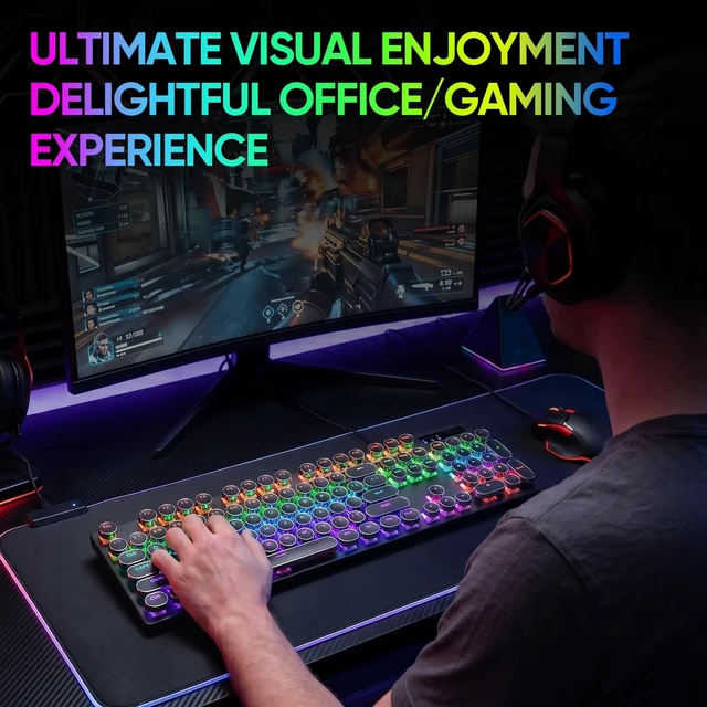 Alt view image 6 of 7 - Guiheng Wired Typewriter Style Mechanical Gaming Keyboard, Black Retro Punk Gaming Keyboard with RGB Backlit, 104 Keys Blue Switch Wired Cute Keyboards, Round Keycaps for Windows/Mac/PC