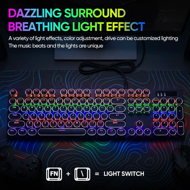 Alt view image 5 of 7 - Guiheng Wired Typewriter Style Mechanical Gaming Keyboard, Black Retro Punk Gaming Keyboard with RGB Backlit, 104 Keys Blue Switch Wired Cute Keyboards, Round Keycaps for Windows/Mac/PC