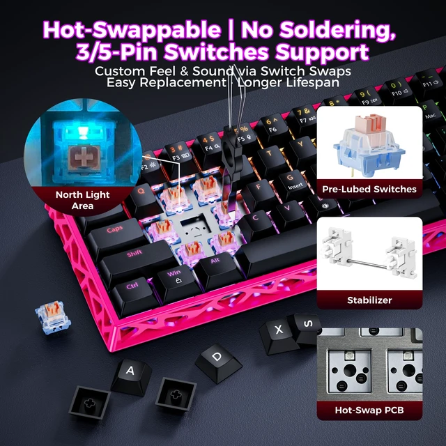Alt view image 6 of 7 - Mechanical Gaming Keyboard Hot Swappable: 60% Mini Wired RGB Backlit NKRO | GK08 61 keys Hollow-Out Case Thocky Sound Portable Keyboard Custom Driver, USB-C Pre-lubed Linear Switches for Laptop/PC/Mac