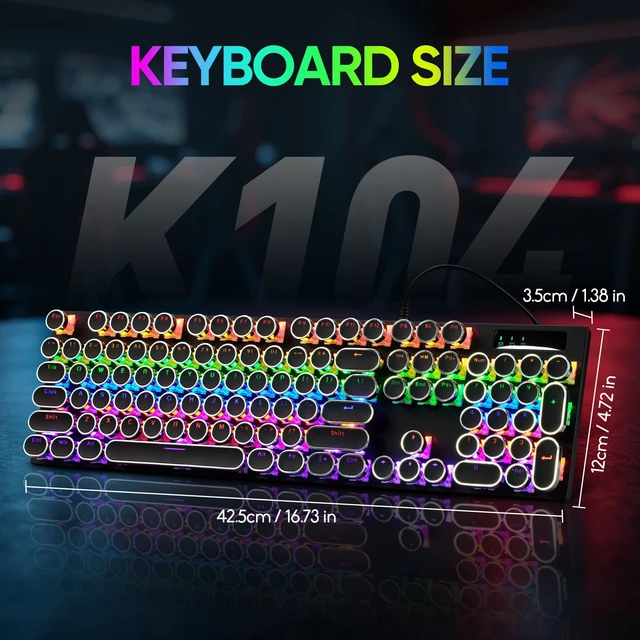 Alt view image 4 of 7 - Guiheng Wired Typewriter Style Mechanical Gaming Keyboard, Black Retro Punk Gaming Keyboard with RGB Backlit, 104 Keys Blue Switch Wired Cute Keyboards, Round Keycaps for Windows/Mac/PC