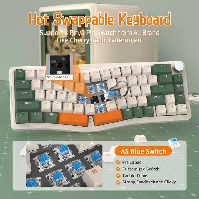 Alt view image 5 of 7 - AKS068 Wired Mechanical Gaming Keyboard 65% Alice Layout-Green | Hot-swapped,Gasket Mount,RGB Backlit,VIA Programmable,Volume Knob,NKRO TKL,68 Key,AS Pre-lubed Clicky Blue Switch for Win/Mac