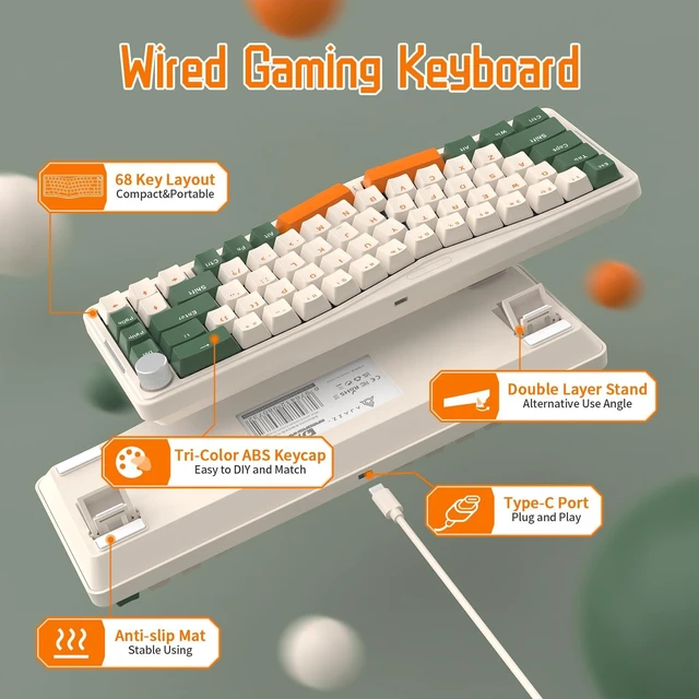 Alt view image 3 of 7 - AKS068 Wired Mechanical Gaming Keyboard 65% Alice Layout-Green | Hot-swapped,Gasket Mount,RGB Backlit,VIA Programmable,Volume Knob,NKRO TKL,68 Key,AS Pre-lubed Clicky Blue Switch for Win/Mac