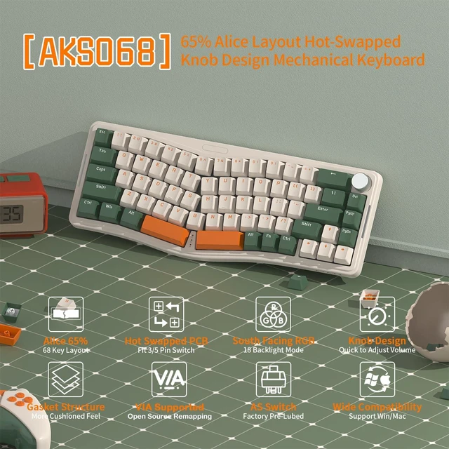 Alt view image 2 of 7 - AKS068 Wired Mechanical Gaming Keyboard 65% Alice Layout-Green | Hot-swapped,Gasket Mount,RGB Backlit,VIA Programmable,Volume Knob,NKRO TKL,68 Key,AS Pre-lubed Clicky Blue Switch for Win/Mac