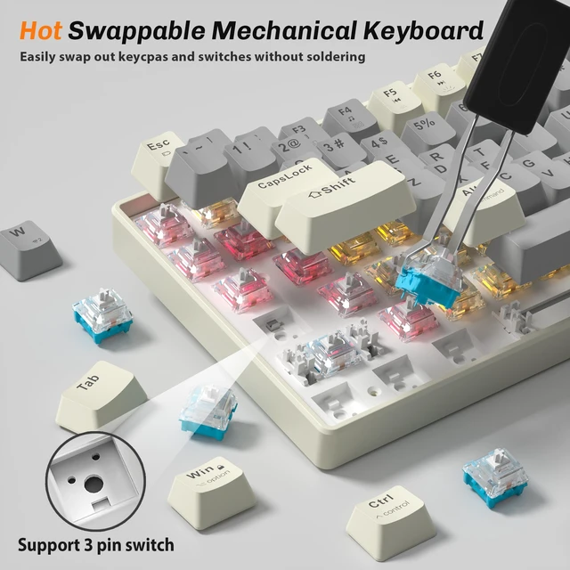 Alt view image 3 of 7 - Taiahiro Wireless Mechanical Keyboard, 100-Key 96% Layout Gaming Keyboard, Hot-Swappable Silent Linear Switches, Tri-Mode BT/2.4G/USB-C, LED Backlit, 3000mAh Battery for Windows and Mac (Creamy Gray)