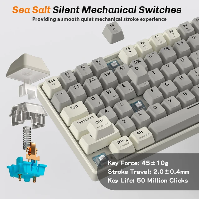 Alt view image 6 of 7 - Taiahiro Wireless Mechanical Keyboard, 100-Key 96% Layout Gaming Keyboard, Hot-Swappable Silent Linear Switches, Tri-Mode BT/2.4G/USB-C, LED Backlit, 3000mAh Battery for Windows and Mac (Creamy Gray)