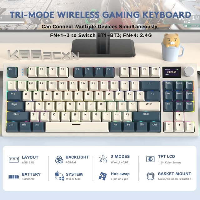 Alt view image 2 of 7 - RK86 RGB 75% Wireless Gasket Mechanical Keyboard,Triple Mode Bluetooth5.0/2.4G/USB-C 82 Keys Hot Swappable Gaming Keyboard 4000 mAH Battery w/Knob & 1.2'' HD OLED Display,Custom Linear Switches