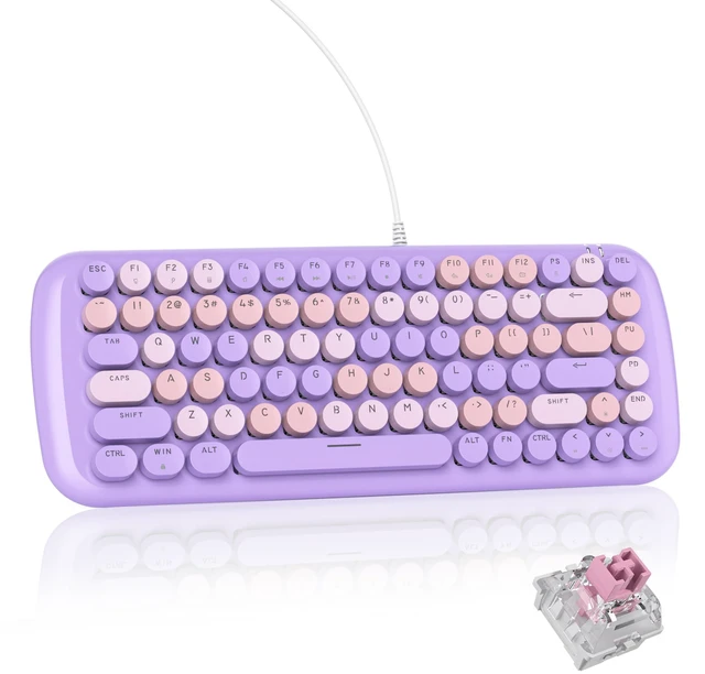 Main image of iRoboosta Purple Creamy Mechanical Gaming Keyboard, Aesthetic Keyboard w/White Backlit, 84 Keys Cute Retro Typewriter Computer Keyboard Wired w/Pink Switch, Round Keycap for Windows/PC/PS5 (Purple)