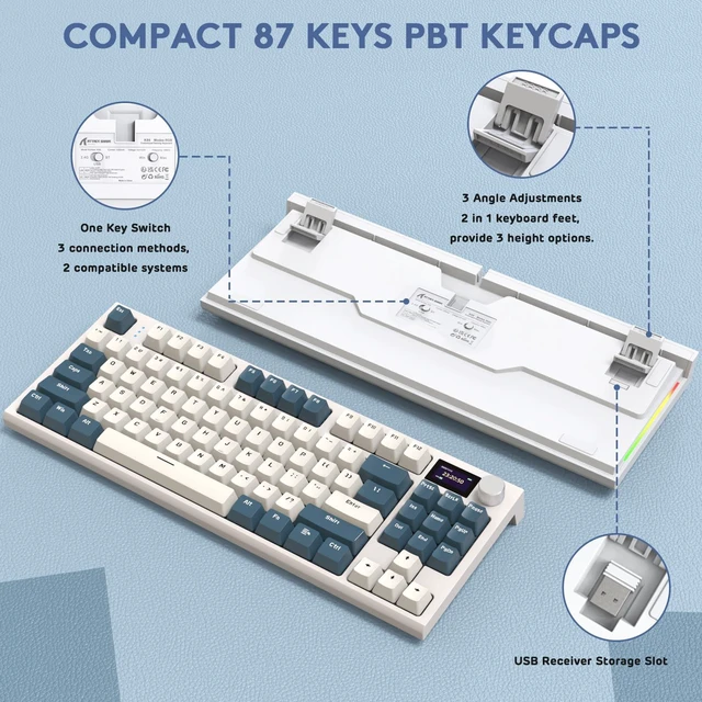 Alt view image 7 of 7 - RK86 RGB 75% Wireless Gasket Mechanical Keyboard,Triple Mode Bluetooth5.0/2.4G/USB-C 82 Keys Hot Swappable Gaming Keyboard 4000 mAH Battery w/Knob & 1.2'' HD OLED Display,Custom Linear Switches