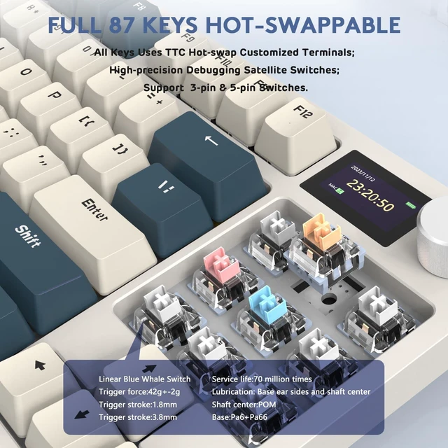 Alt view image 5 of 7 - RK86 RGB 75% Wireless Gasket Mechanical Keyboard,Triple Mode Bluetooth5.0/2.4G/USB-C 82 Keys Hot Swappable Gaming Keyboard 4000 mAH Battery w/Knob & 1.2'' HD OLED Display,Custom Linear Switches