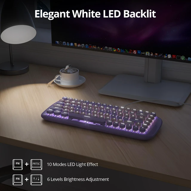 Alt view image 4 of 7 - iRoboosta Purple Creamy Mechanical Gaming Keyboard, Aesthetic Keyboard w/White Backlit, 84 Keys Cute Retro Typewriter Computer Keyboard Wired w/Pink Switch, Round Keycap for Windows/PC/PS5 (Purple)