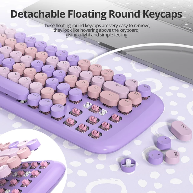 Alt view image 2 of 7 - iRoboosta Purple Creamy Mechanical Gaming Keyboard, Aesthetic Keyboard w/White Backlit, 84 Keys Cute Retro Typewriter Computer Keyboard Wired w/Pink Switch, Round Keycap for Windows/PC/PS5 (Purple)