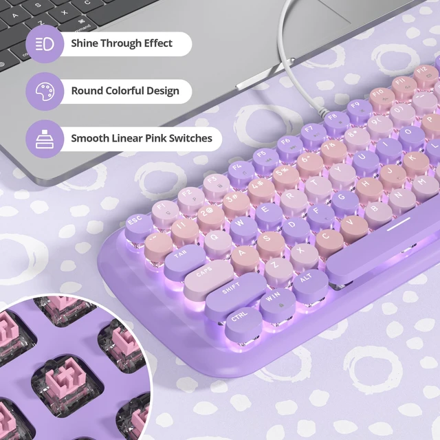 Alt view image 3 of 7 - iRoboosta Purple Creamy Mechanical Gaming Keyboard, Aesthetic Keyboard w/White Backlit, 84 Keys Cute Retro Typewriter Computer Keyboard Wired w/Pink Switch, Round Keycap for Windows/PC/PS5 (Purple)