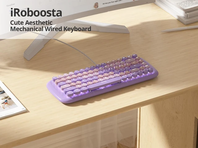 Alt view image 5 of 7 - iRoboosta Purple Creamy Mechanical Gaming Keyboard, Aesthetic Keyboard w/White Backlit, 84 Keys Cute Retro Typewriter Computer Keyboard Wired w/Pink Switch, Round Keycap for Windows/PC/PS5 (Purple)