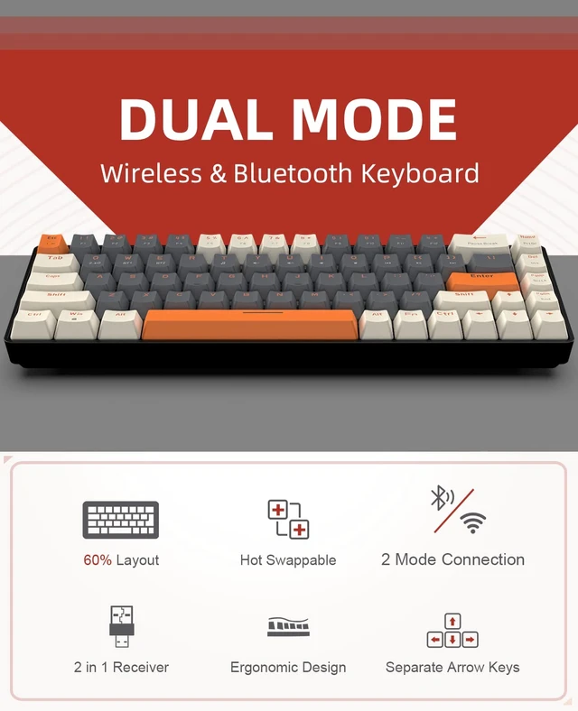 Alt view image 2 of 7 - ZIYOU LANG RK68 60% Wireless Mechanical Keyboard, Bluetooth 5.0/2.4Ghz Dual Mode 2-in-1 USB-C Receiver Mini Mechanical Keyboard, Hot Swappable Red Switch Gaming Keyboard for PC/MAC/Laptops