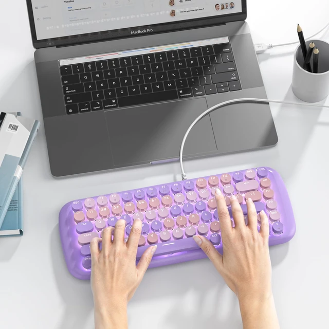 Alt view image 7 of 7 - iRoboosta Purple Creamy Mechanical Gaming Keyboard, Aesthetic Keyboard w/White Backlit, 84 Keys Cute Retro Typewriter Computer Keyboard Wired w/Pink Switch, Round Keycap for Windows/PC/PS5 (Purple)