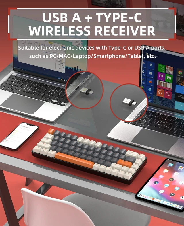 Alt view image 4 of 7 - ZIYOU LANG RK68 60% Wireless Mechanical Keyboard, Bluetooth 5.0/2.4Ghz Dual Mode 2-in-1 USB-C Receiver Mini Mechanical Keyboard, Hot Swappable Red Switch Gaming Keyboard for PC/MAC/Laptops