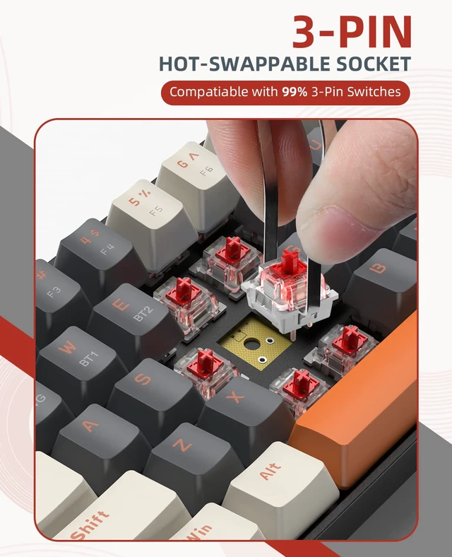 Alt view image 7 of 7 - ZIYOU LANG RK68 60% Wireless Mechanical Keyboard, Bluetooth 5.0/2.4Ghz Dual Mode 2-in-1 USB-C Receiver Mini Mechanical Keyboard, Hot Swappable Red Switch Gaming Keyboard for PC/MAC/Laptops