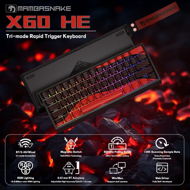 Alt view image 2 of 7 - MAMBASNAKE X60 HE 60% Rapid Trigger Wireless Gaming Keyboard,Hall Effect Magnetic Switches,Adjustable Actuation,0.1ms Ultra-Low Latency, 8KHz Polling Rate,3-Mode RGB,PBT Keycaps for Win/Mac-Black&Red