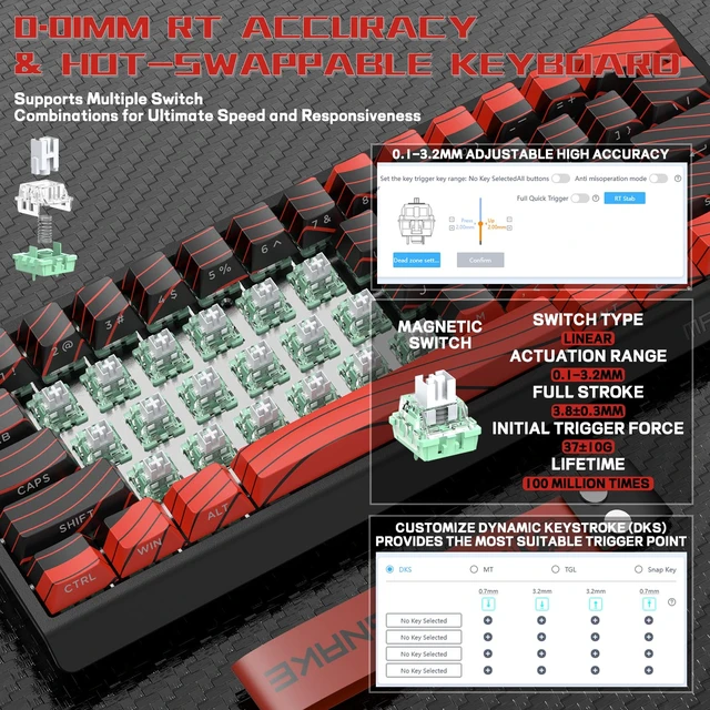 Alt view image 4 of 7 - MAMBASNAKE X60 HE 60% Rapid Trigger Wireless Gaming Keyboard,Hall Effect Magnetic Switches,Adjustable Actuation,0.1ms Ultra-Low Latency, 8KHz Polling Rate,3-Mode RGB,PBT Keycaps for Win/Mac-Black&Red
