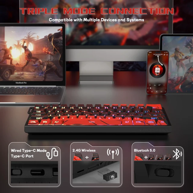 Alt view image 5 of 7 - MAMBASNAKE X60 HE 60% Rapid Trigger Wireless Gaming Keyboard,Hall Effect Magnetic Switches,Adjustable Actuation,0.1ms Ultra-Low Latency, 8KHz Polling Rate,3-Mode RGB,PBT Keycaps for Win/Mac-Black&Red