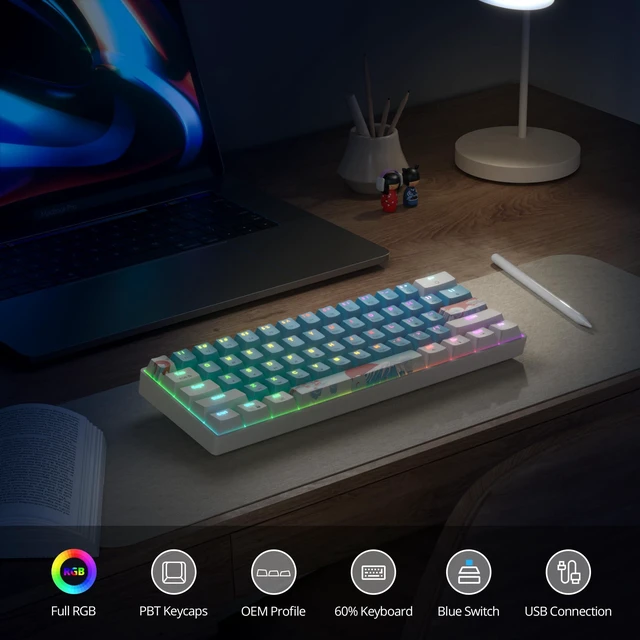 Alt view image 5 of 7 - SbocKeeb 60% Mechanical Keyboard - Compact 60% Gaming Keyboard, RGB Backlit, 61 Keys, USB Wired for Windows Mac Laptop PC (61 Blue/Blue Switches)