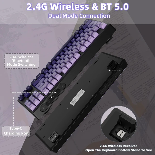 Alt view image 3 of 7 - ZIYOU LANG M87 80% TKL Membrane Wireless Gaming Keyboard - Purple | Mechanical Feel, Bluetooth/2.4GHz, Rainbow Backlit, PBT Gradient Keycaps, Rechargeable 4000mAH Battery, Silent, Ergonomic