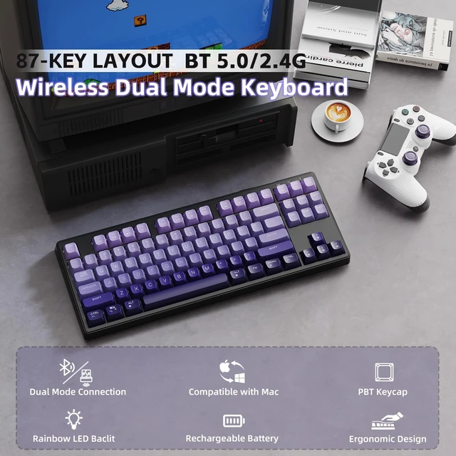 Alt view image 2 of 7 - ZIYOU LANG M87 80% TKL Membrane Wireless Gaming Keyboard - Purple | Mechanical Feel, Bluetooth/2.4GHz, Rainbow Backlit, PBT Gradient Keycaps, Rechargeable 4000mAH Battery, Silent, Ergonomic