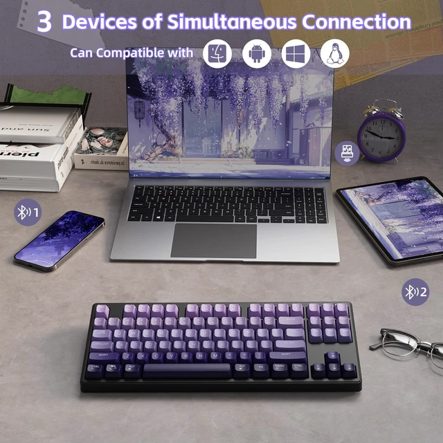 Alt view image 4 of 7 - ZIYOU LANG M87 80% TKL Membrane Wireless Gaming Keyboard - Purple | Mechanical Feel, Bluetooth/2.4GHz, Rainbow Backlit, PBT Gradient Keycaps, Rechargeable 4000mAH Battery, Silent, Ergonomic