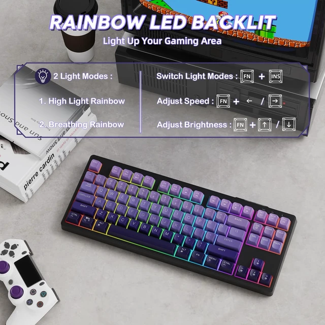Alt view image 5 of 7 - ZIYOU LANG M87 80% TKL Membrane Wireless Gaming Keyboard - Purple | Mechanical Feel, Bluetooth/2.4GHz, Rainbow Backlit, PBT Gradient Keycaps, Rechargeable 4000mAH Battery, Silent, Ergonomic