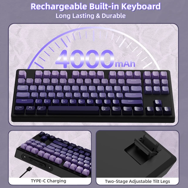 Alt view image 7 of 7 - ZIYOU LANG M87 80% TKL Membrane Wireless Gaming Keyboard - Purple | Mechanical Feel, Bluetooth/2.4GHz, Rainbow Backlit, PBT Gradient Keycaps, Rechargeable 4000mAH Battery, Silent, Ergonomic