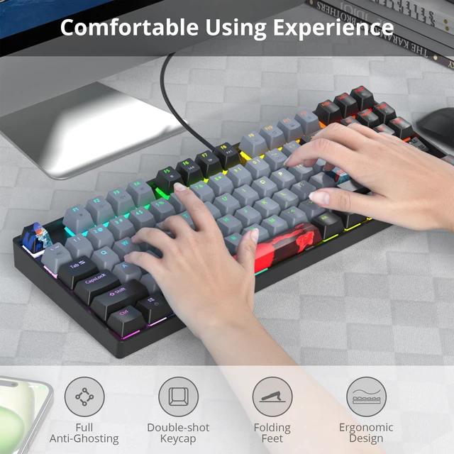 Alt view image 4 of 7 - iRoboosta 75% Mechanical Gaming Keyboard with Red Switch, RGB LED Backlit Keyboard Grey, 87 Keys Compact TKL Wired Computer Keyboard for Windows Laptop PC Gamer (87 Dolch)