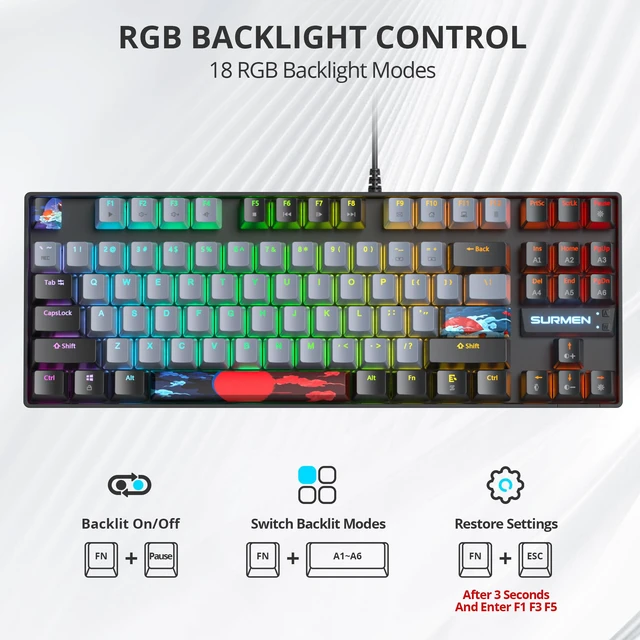 Alt view image 5 of 7 - iRoboosta 75% Mechanical Gaming Keyboard with Red Switch, RGB LED Backlit Keyboard Grey, 87 Keys Compact TKL Wired Computer Keyboard for Windows Laptop PC Gamer (87 Dolch)