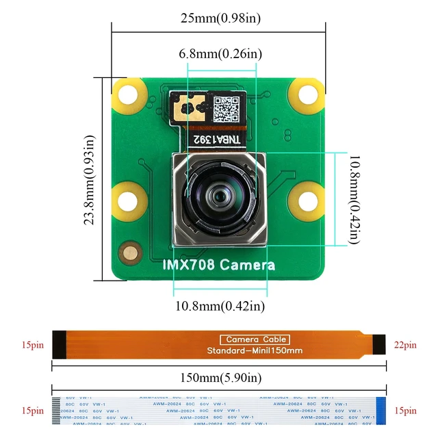 Alt view image 3 of 6 - IMX708 12MP Camera Module 120° FOV Auto-Focus, High Dynamic Range (HDR) Includes 15-15pin, 15-22pin Cable Compatible with Raspberry Pi 5/4B+/3B+/3B/Zero