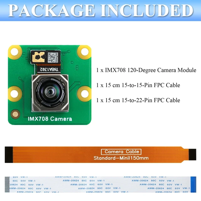 Alt view image 6 of 6 - IMX708 12MP Camera Module 120° FOV Auto-Focus, High Dynamic Range (HDR) Includes 15-15pin, 15-22pin Cable Compatible with Raspberry Pi 5/4B+/3B+/3B/Zero