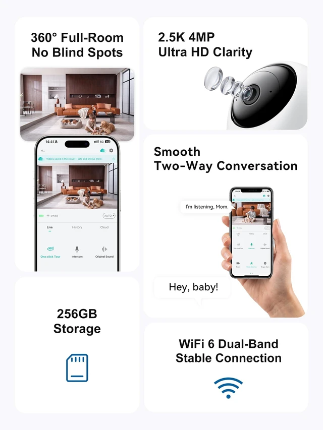 Alt view image 2 of 7 - SITERWELL 2.5K Indoor Camera - Home & Pet Indoor Security Cameras with App, | 360°Pan-Tilt, Wifi,5G/2.4G,Two-Way Audio, Auto-Tracking, Night Vision,Enhanced Audio,Fits Baby,Pets