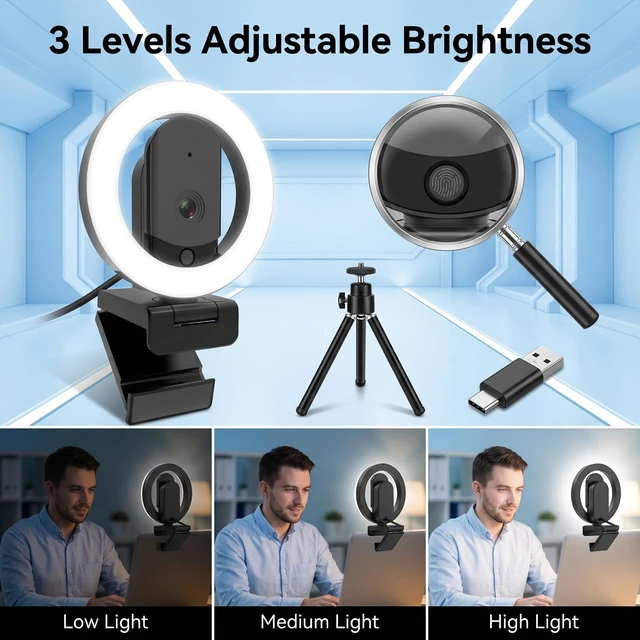 Alt view image 6 of 7 - HUYEOOG 2K Mini Webcam with Microphone, 3-Color Fill Light & Privacy Cover, Wide Angle HD Beauty Webcam with Tripod & USB C Adapter, Plug & Play for PC/Laptop/Zoom/Streaming/Gaming (Black)