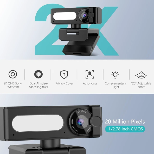 Alt view image 6 of 7 - Sameuo 2K Webcam for PC, Dual AI Noise-Cancelling Mics Autofocus, Auto Light Correction,120° FOV,Privacy Cover,Plug and Play Computer Camera for Microsoft Teams/Zoom/Skype,Black